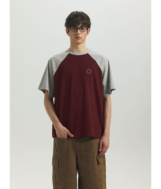 Contrast color raglan sleeve embroidered T-shirt