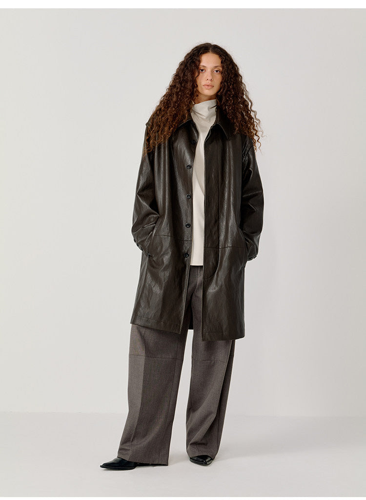 Hidden Front Placket Leather Coat