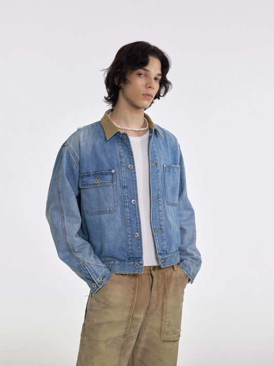 Vintage wash corduroy collar denim jacket