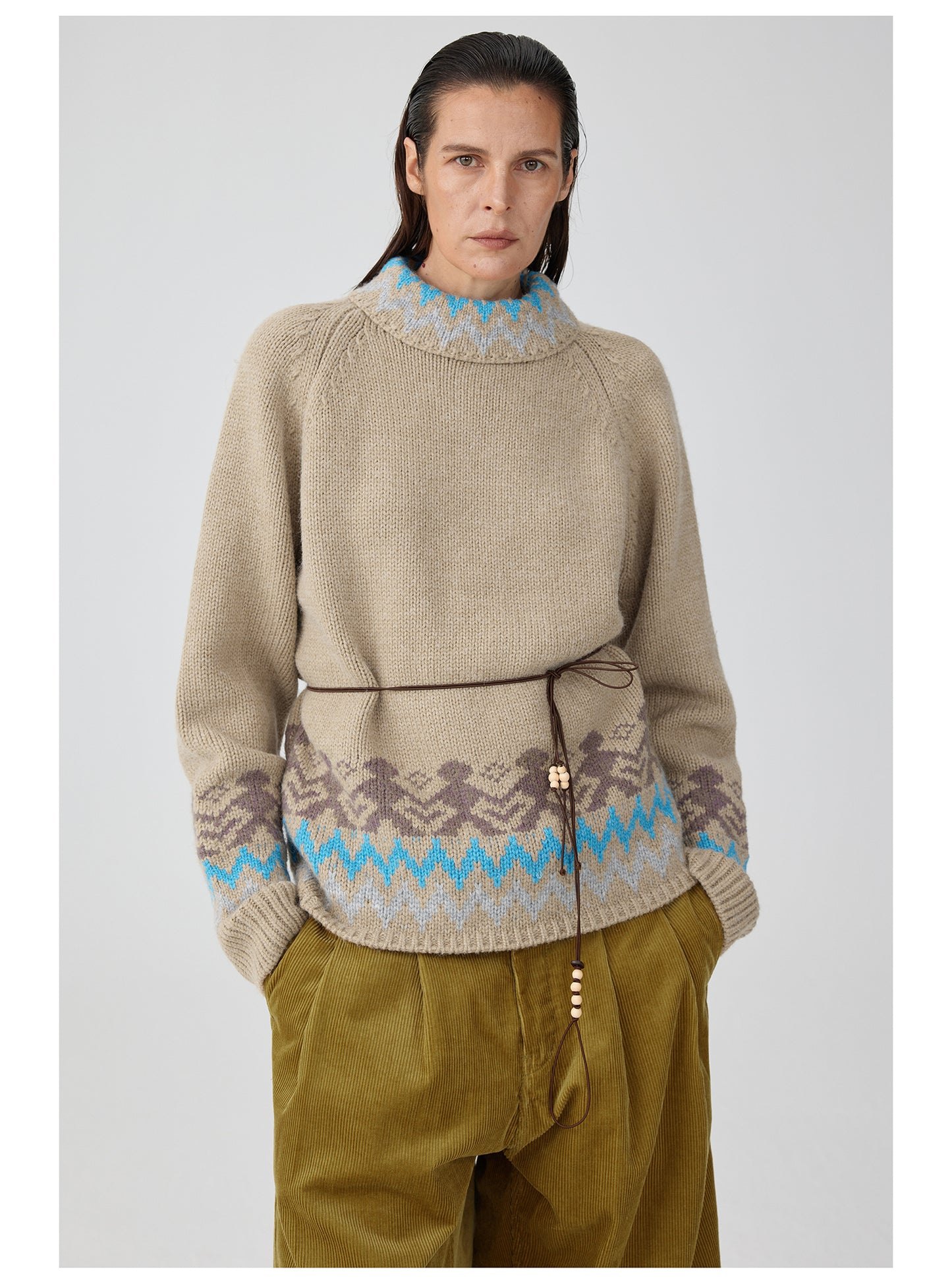 Ethnic Pattern Side Zip Turtleneck Sweater