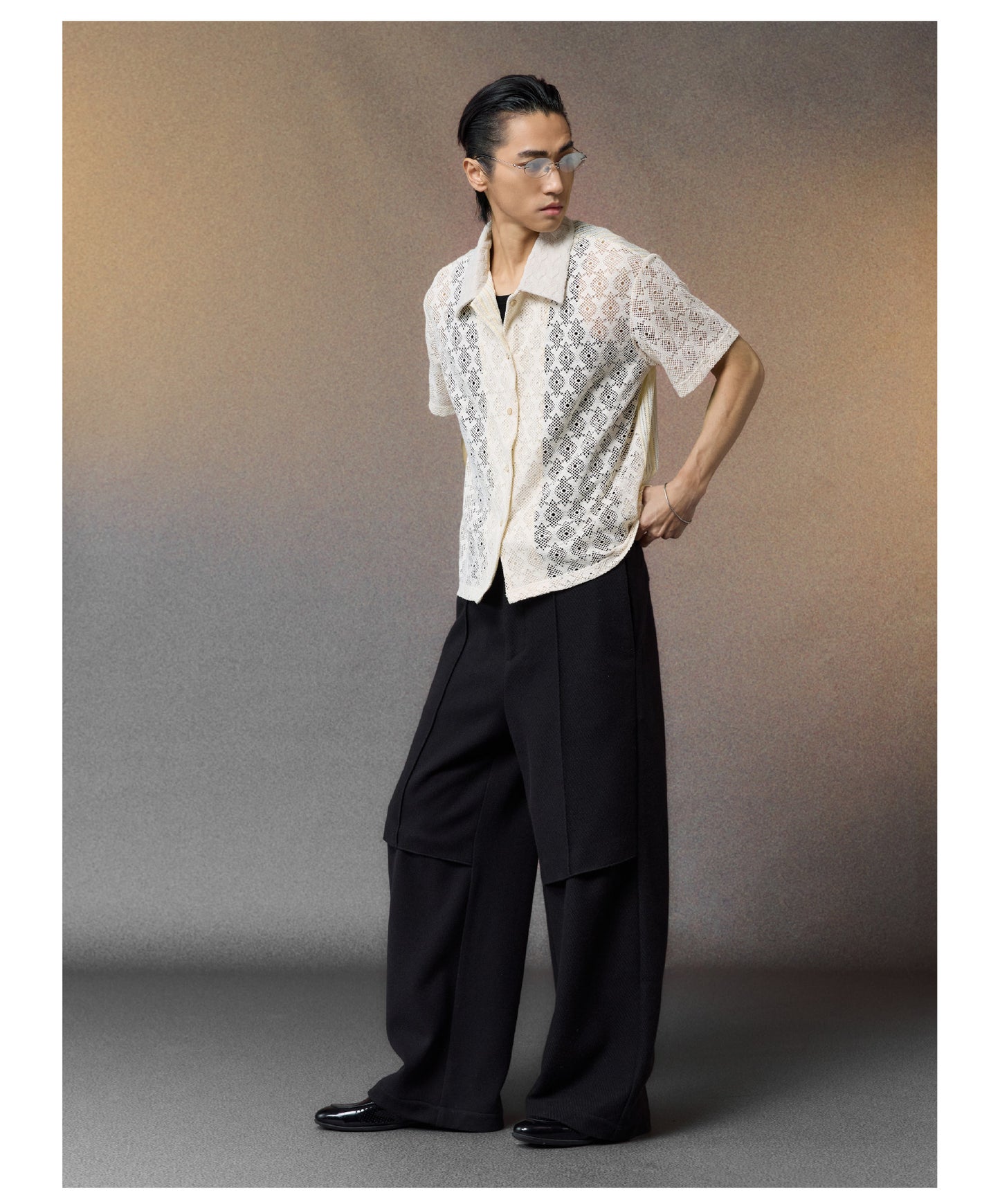 Diamond-Textured Hollow-Knit Shirt