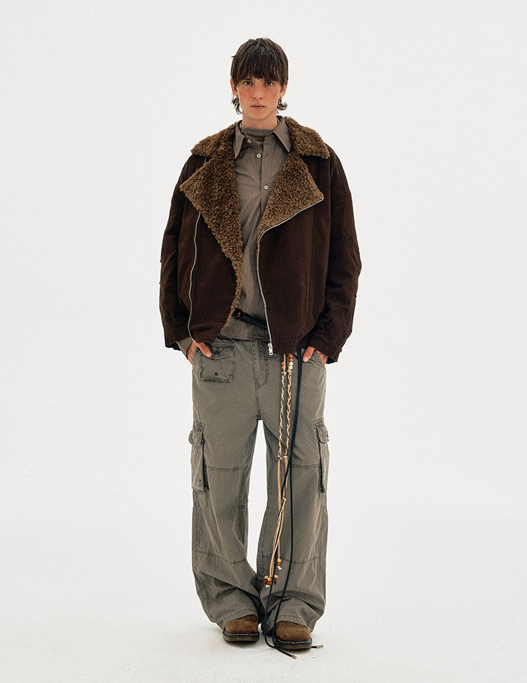 Diagonal Zipper Lambswool Collar Cotton Jacket