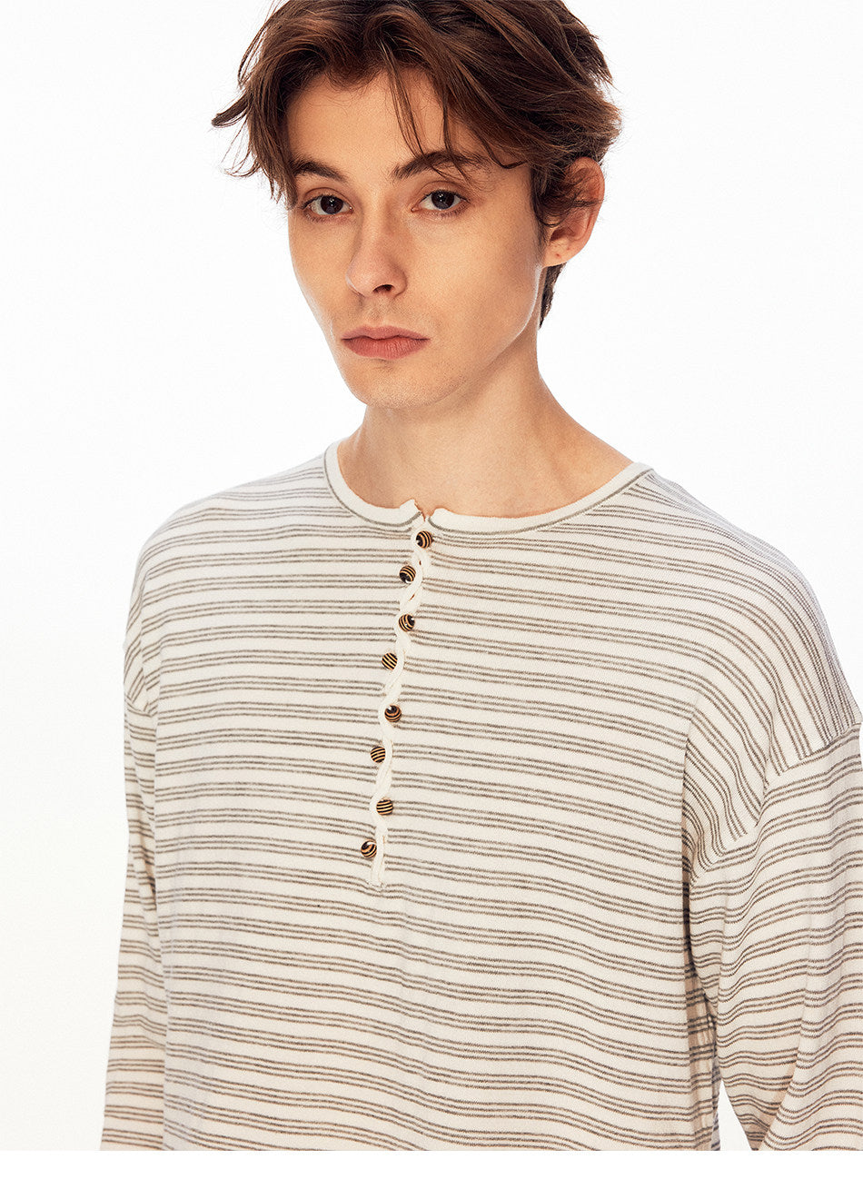 Henry-Collar Linen Striped T-Shirt