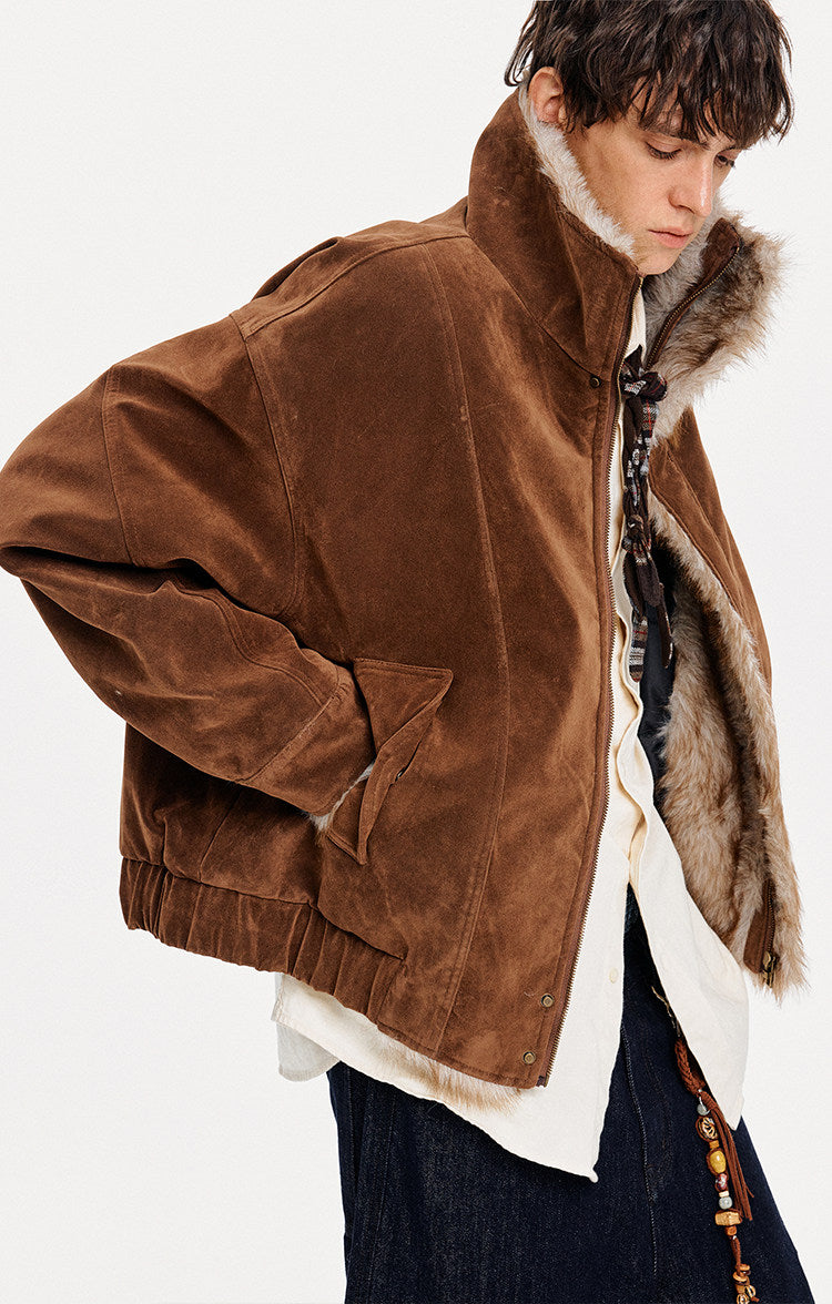 Faux Suede Stand Collar Unisex Jacket