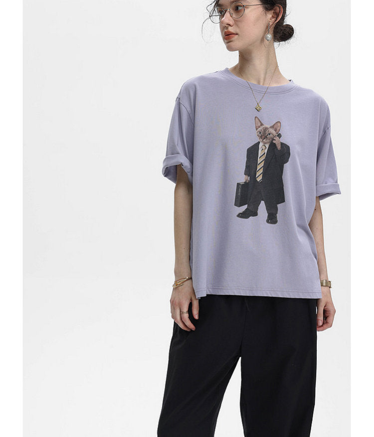 Cat-Print Soft T-Shirt