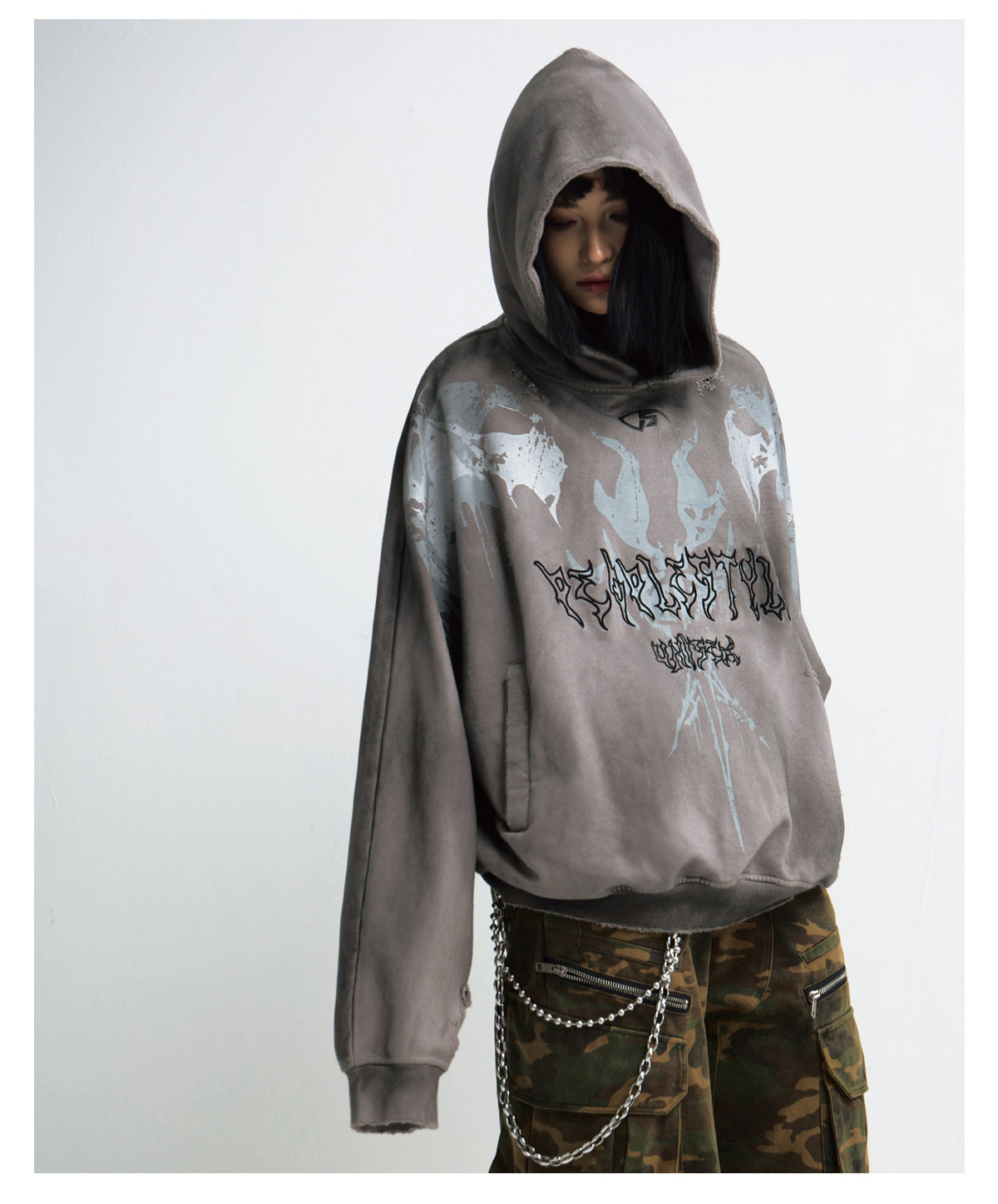 Stain-dyed embroidered hooded sweatshirt