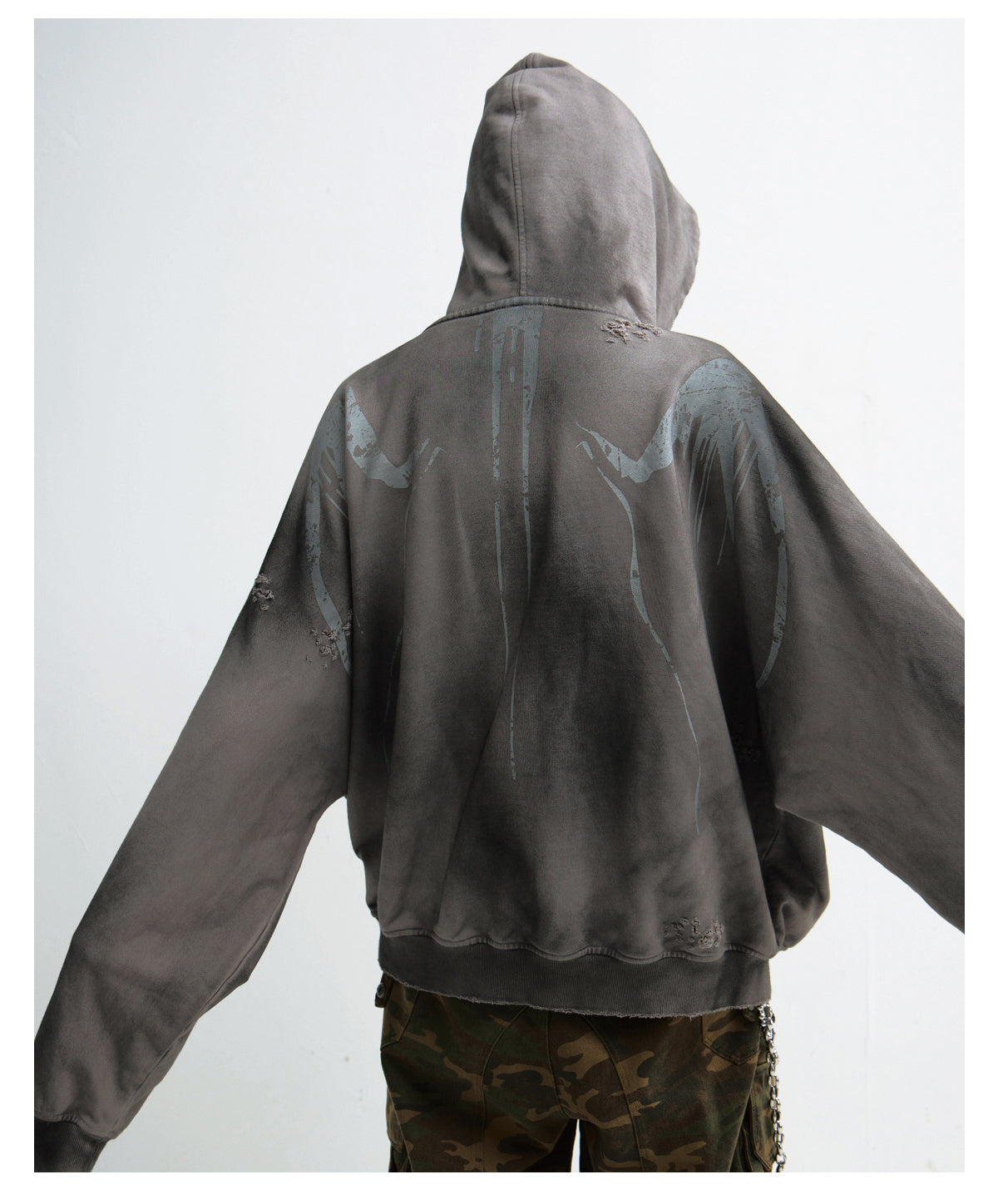 Stain-dyed embroidered hooded sweatshirt