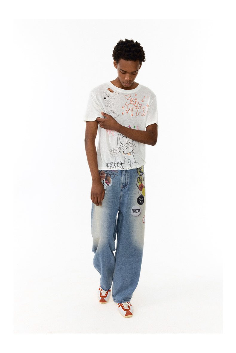 Medal print denim pants