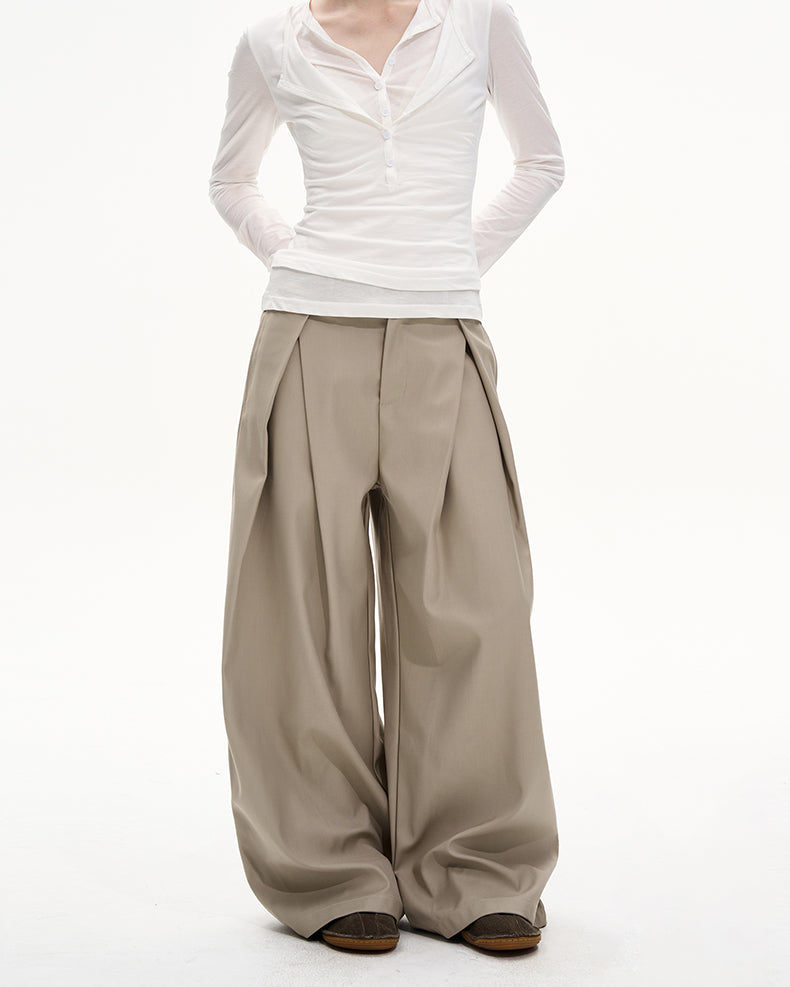 Double-Pleated Relaxed Casual Pants
