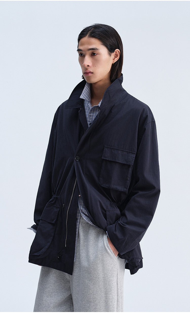 Work Jacket with Waist Drawstring and Relaxed Fit