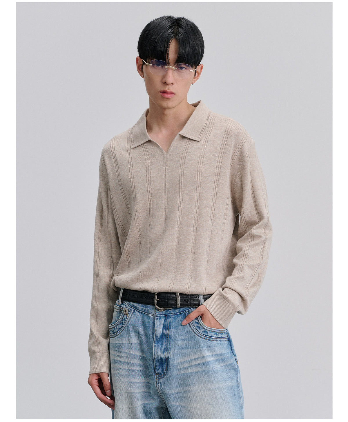 Silk-Wool Knit Shirt with Seagull Collar