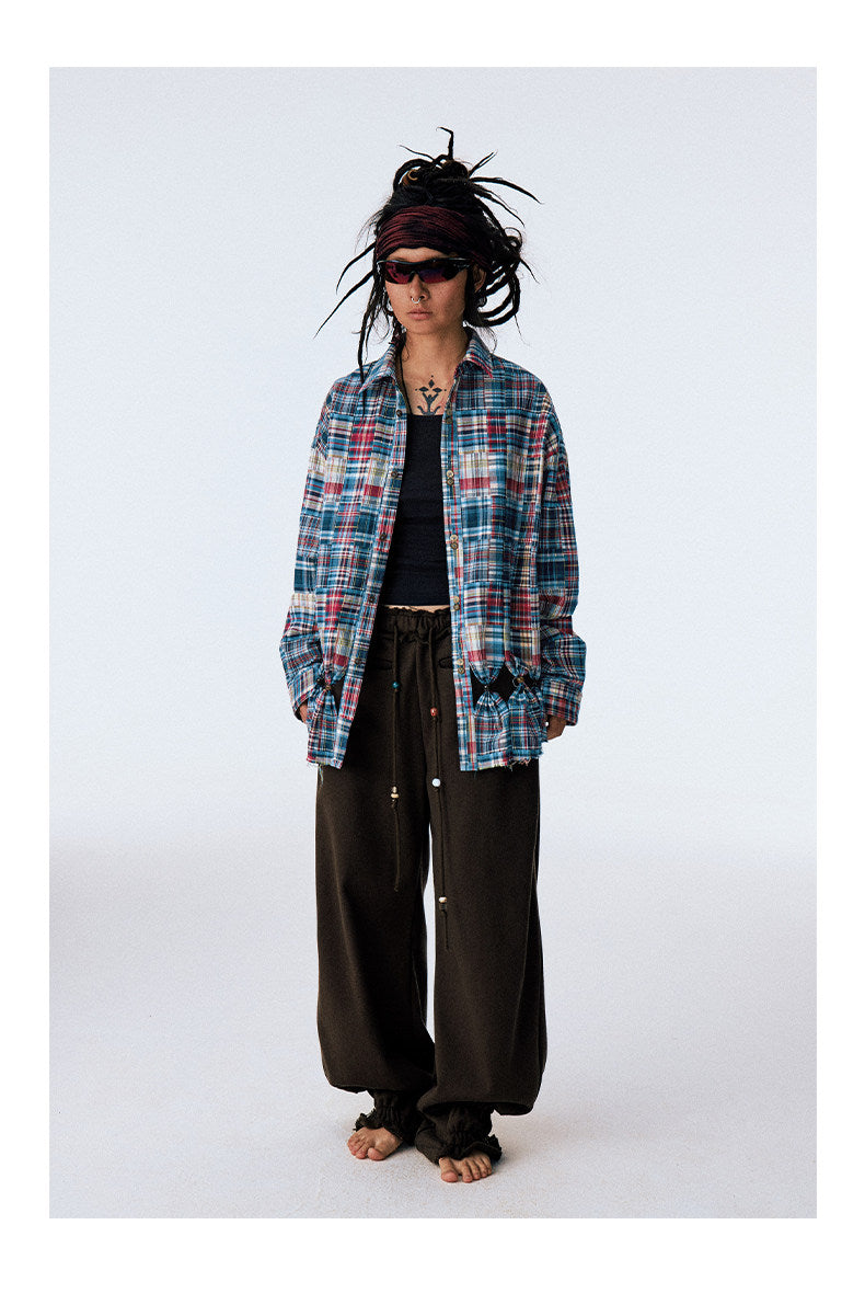 Patchwork Checkered Cut-Out Shirt