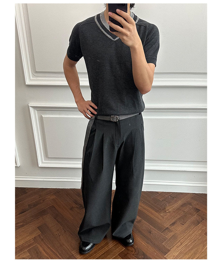 Casual Pants with Double Pleats and Detachable Belt