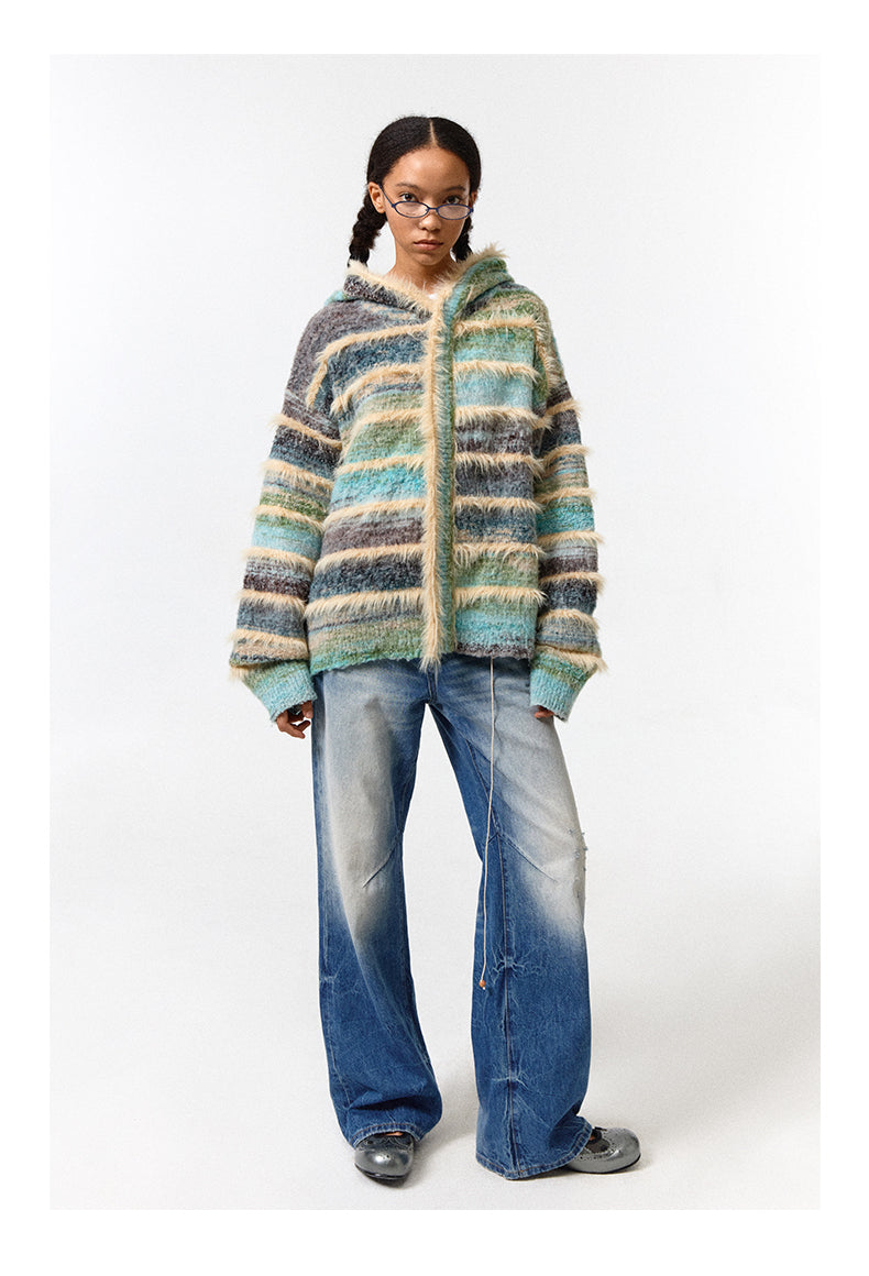 Gradient Stripe Hooded Knit Jacket