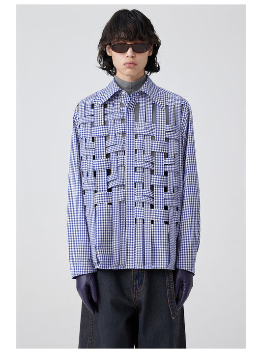 Asymmetrical checkered weave shirt