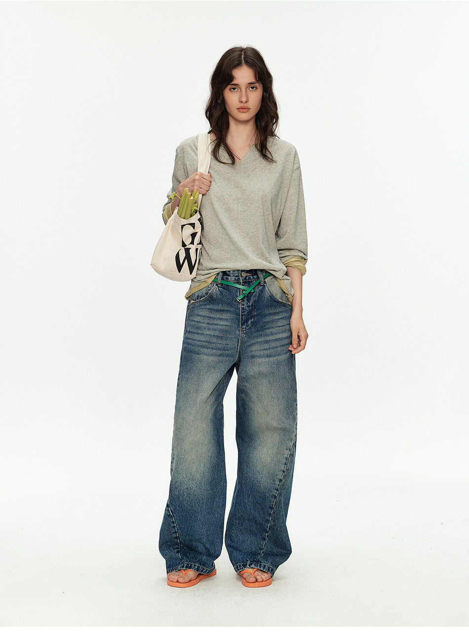 Vintage-Style Washed Bound-Leg Jeans
