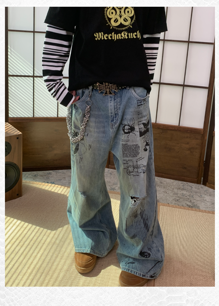 Damaged wide-leg denim pants