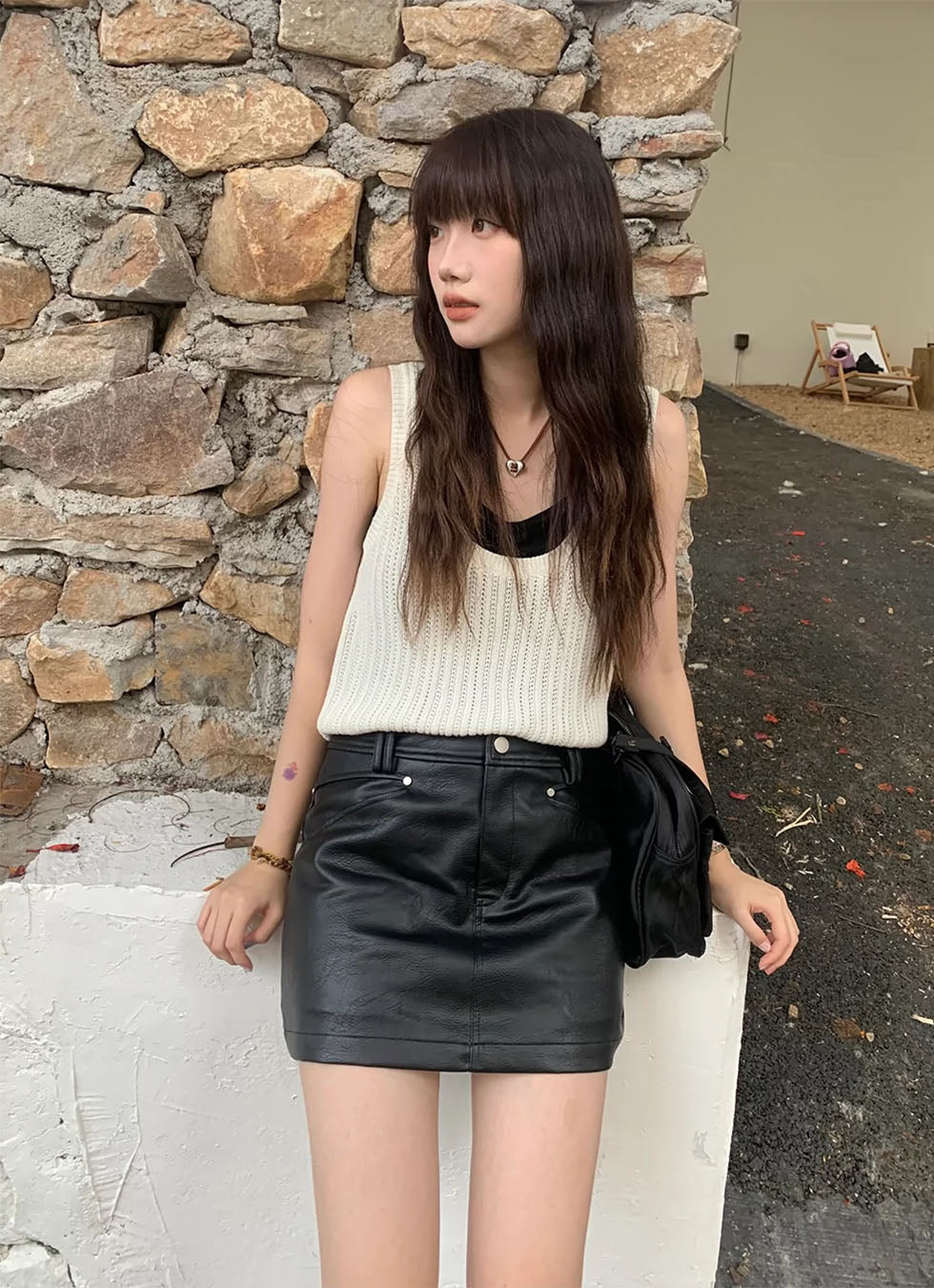 A-line leather mini skirt