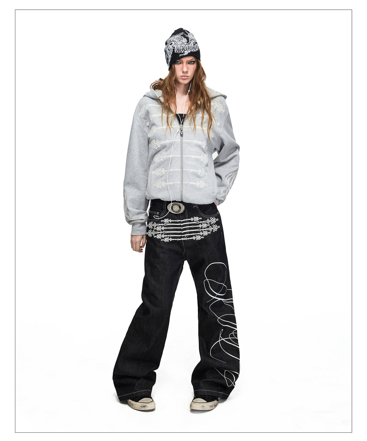 Raw Denim Pants with Rope Embroidery