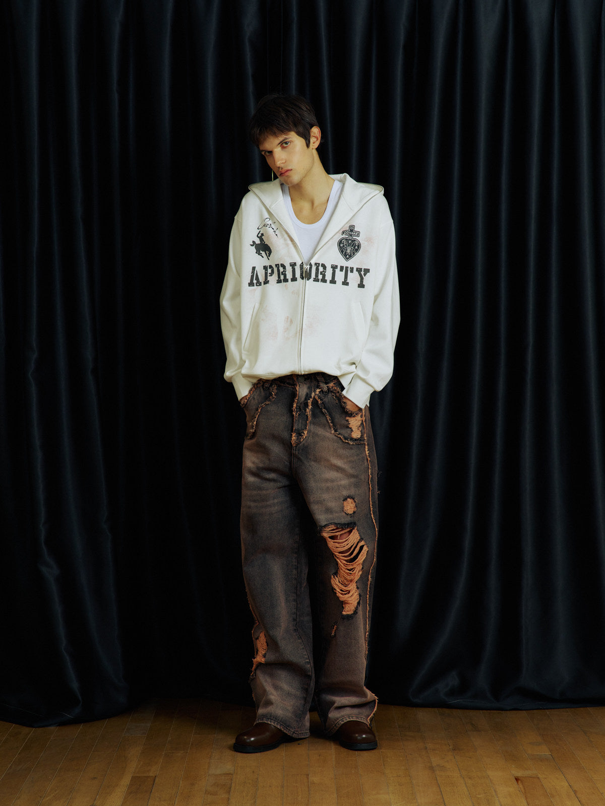 Hand-Distressed Cut Frayed Jeans