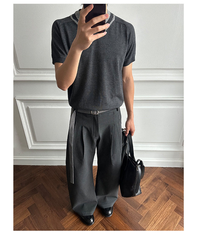 Casual Pants with Double Pleats and Detachable Belt