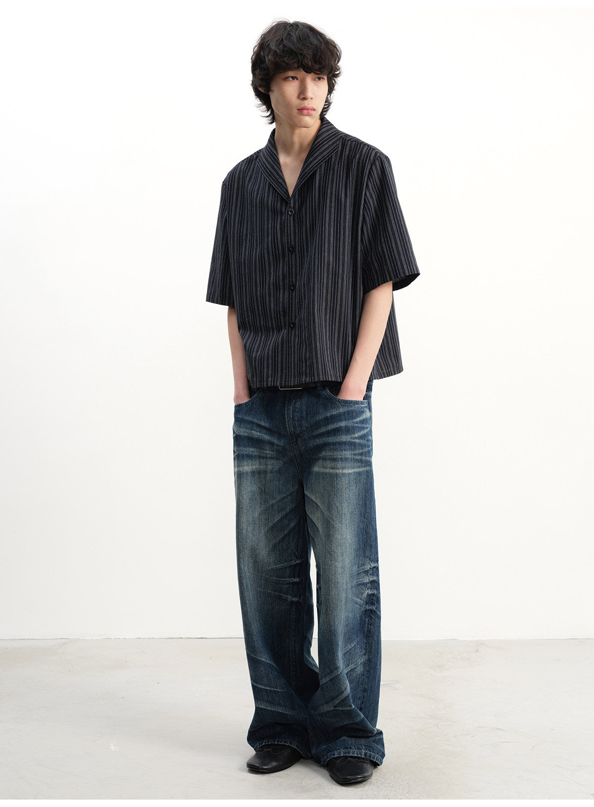 3D Pleated Washed Denim Pants