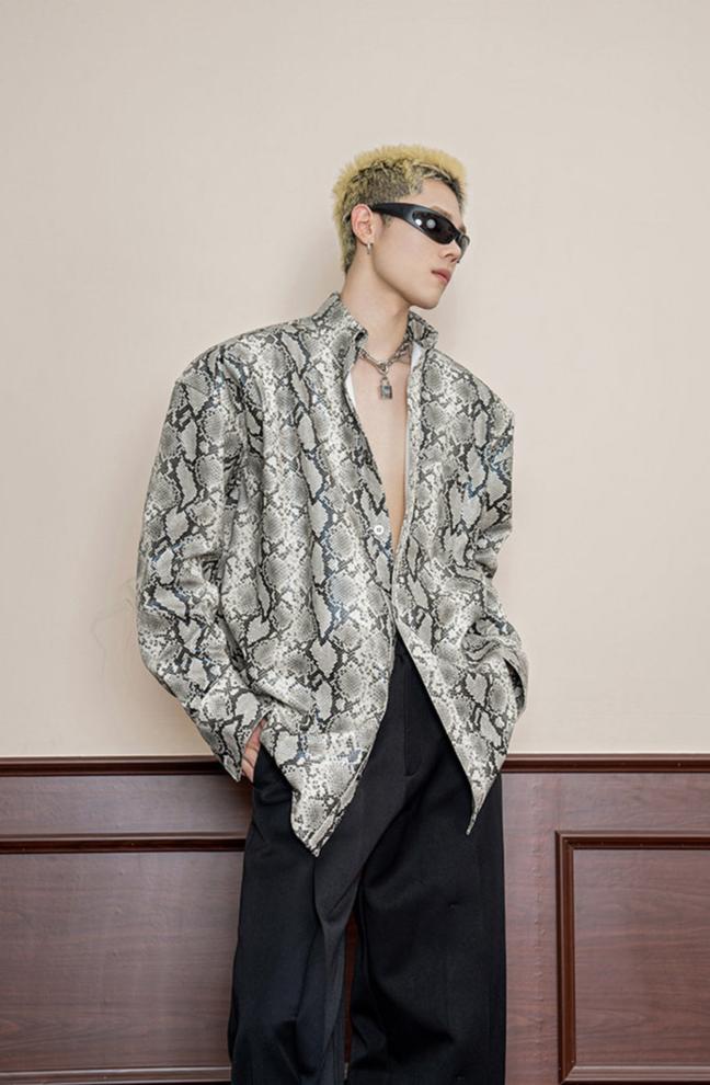 Snakeskin patterned shirt with shoulder pads