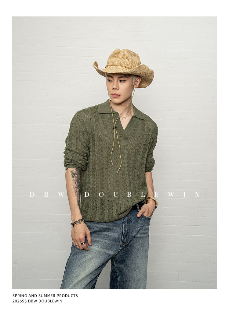 V-neck lapel knit sweater