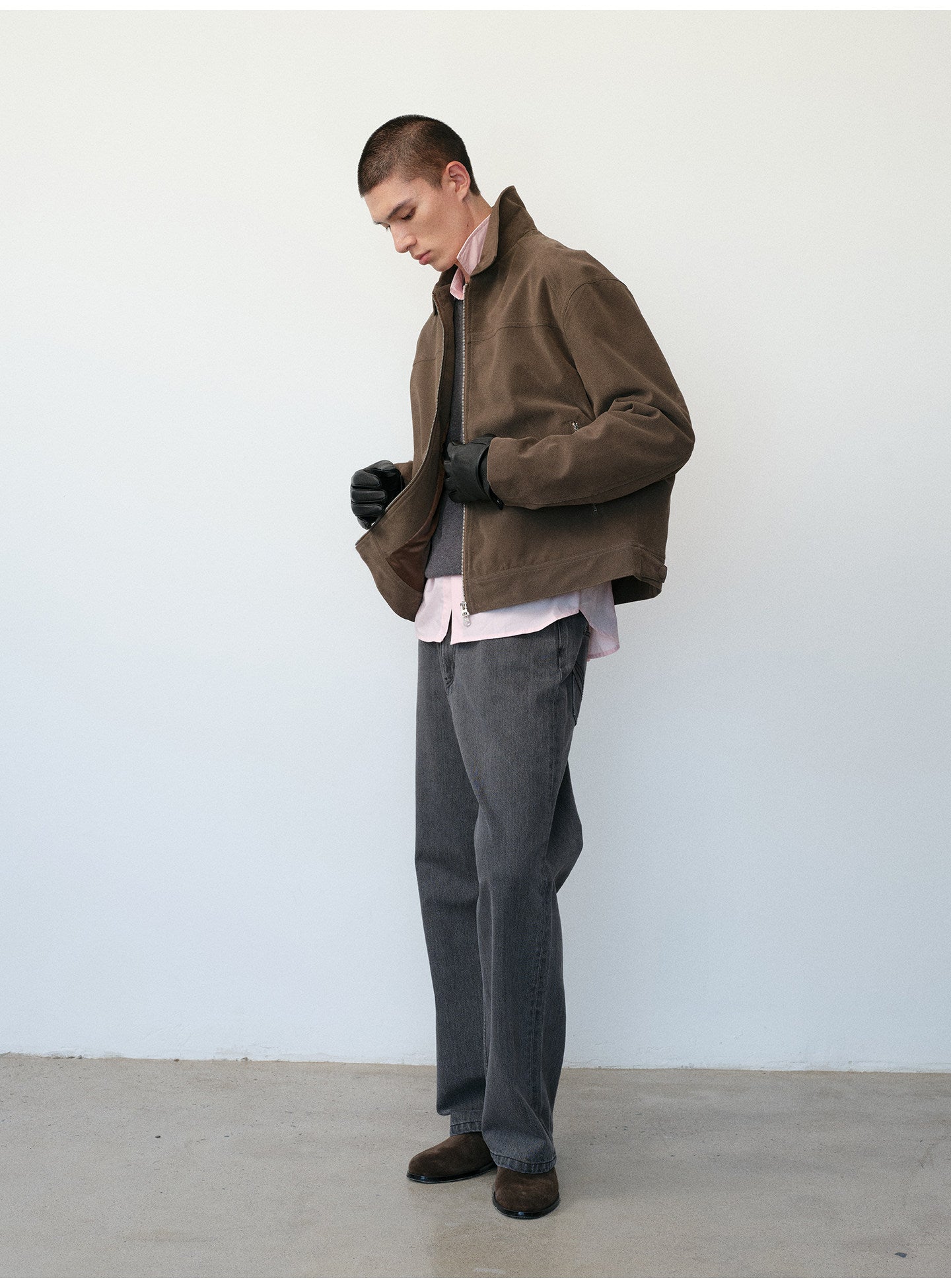 Short Box Jacket with Lapels in Faux Suede