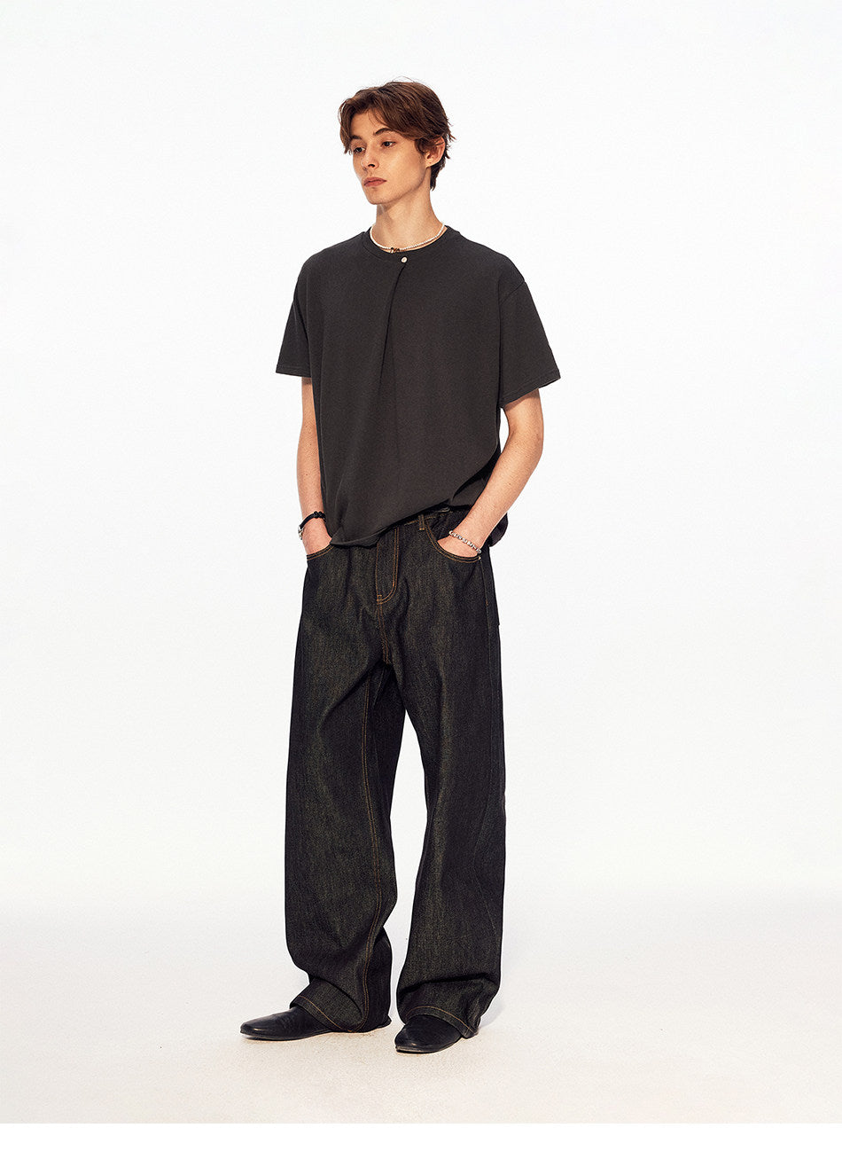 Single-Button Loose-Fit Casual T-Shirt