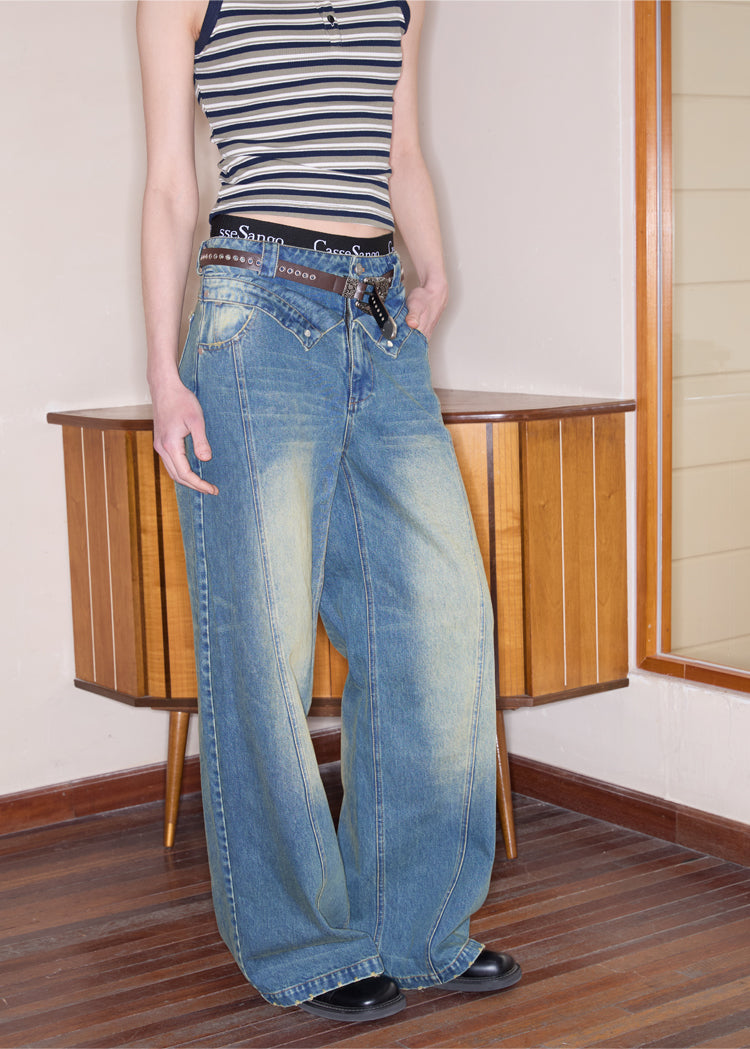 Double Waist Washed Loose Jeans