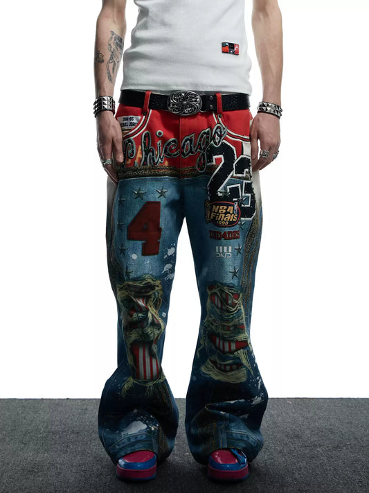 Printed Ripped Denim Pants