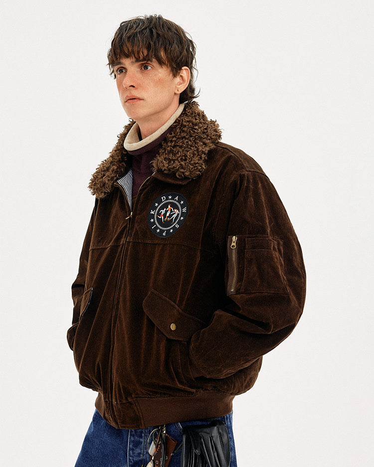 Retro Embroidery Faux Suede Collar Jacket