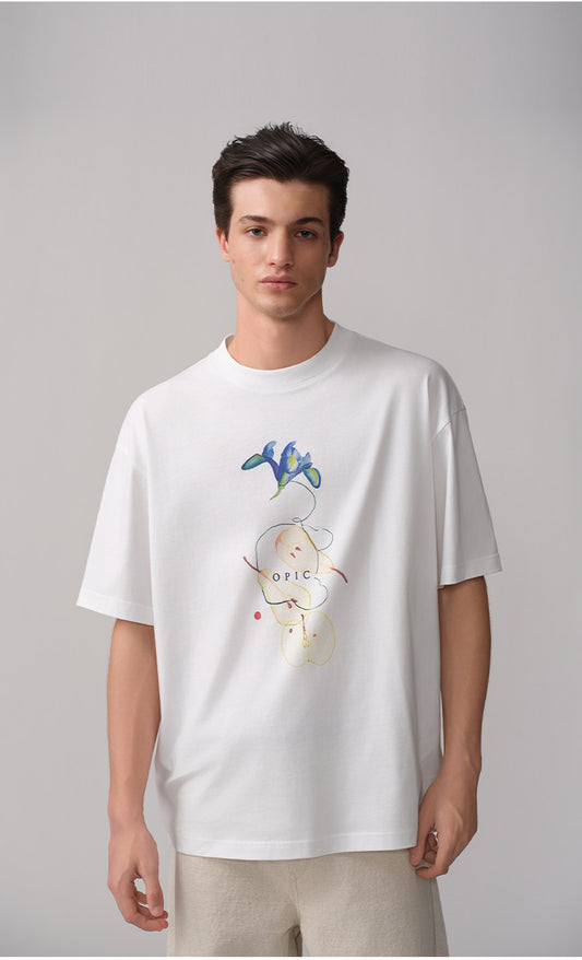 Printed round-neck ribbed T-shirt