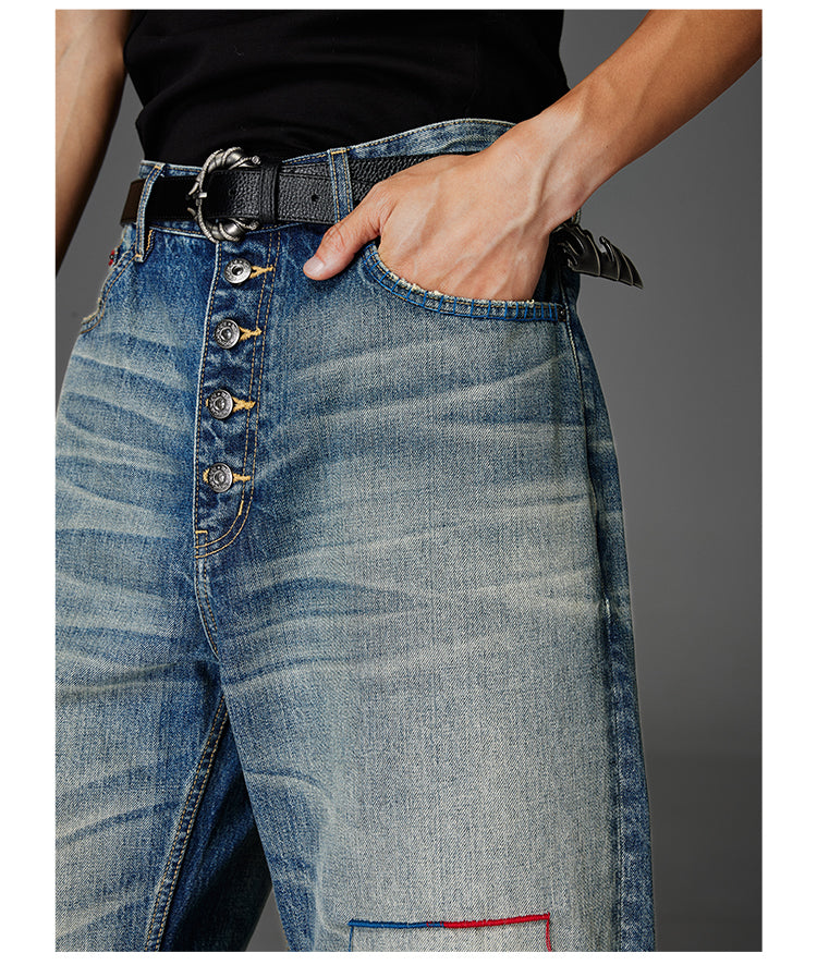 Wash-Damaged Denim Pants