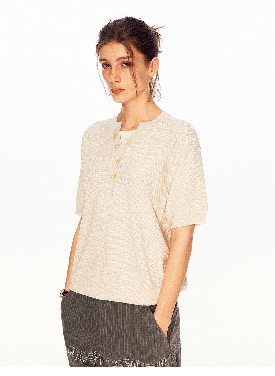 Solid-Color Faux Two-Piece Knit Shirt