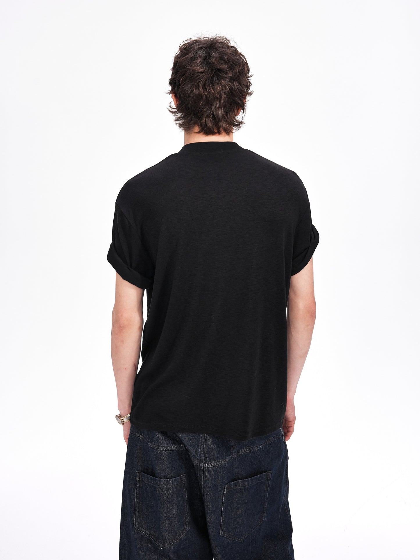 Roll-Sleeve T-Shirt with Leather Label