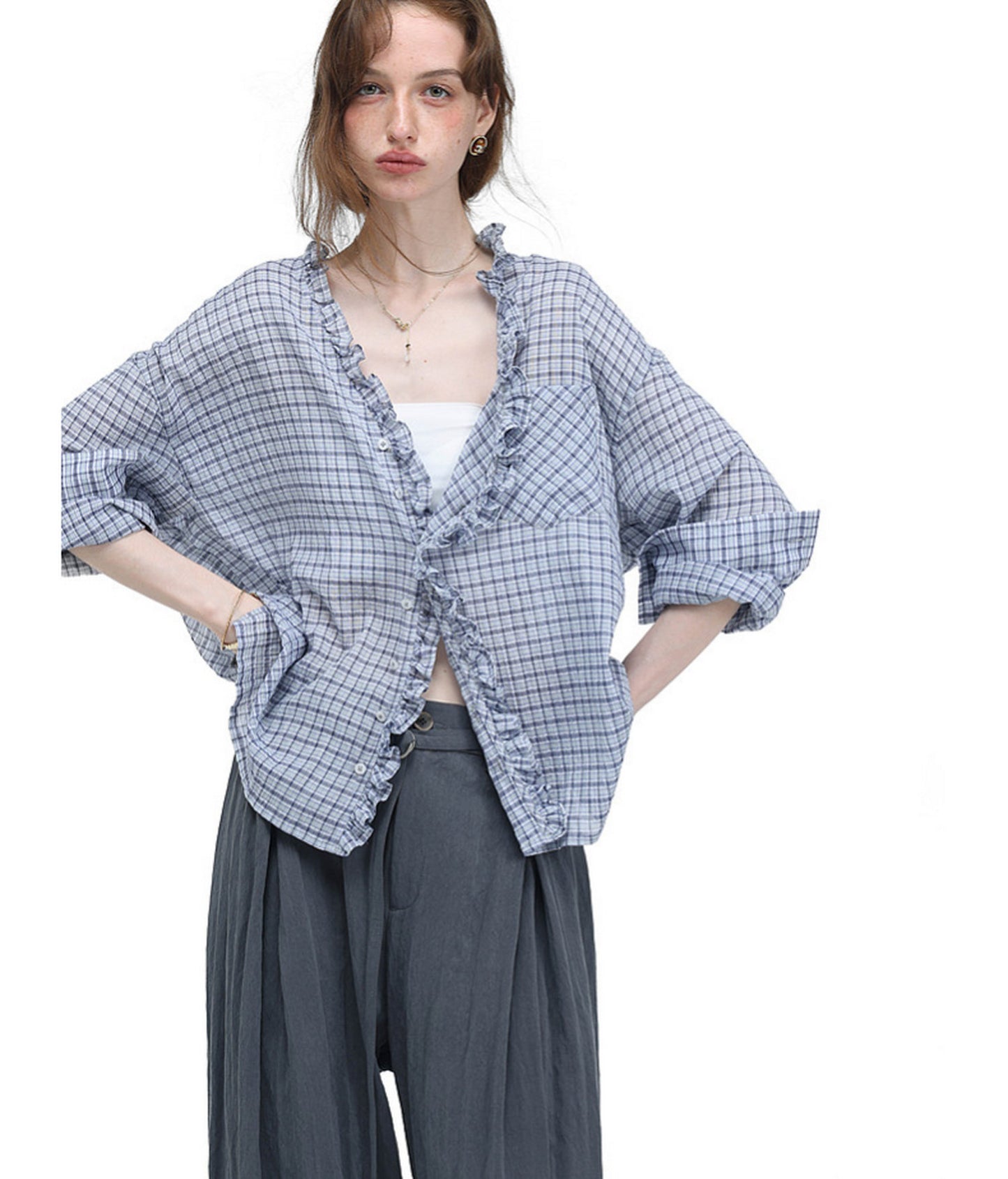 Textured V-Neck Checkered Shirt