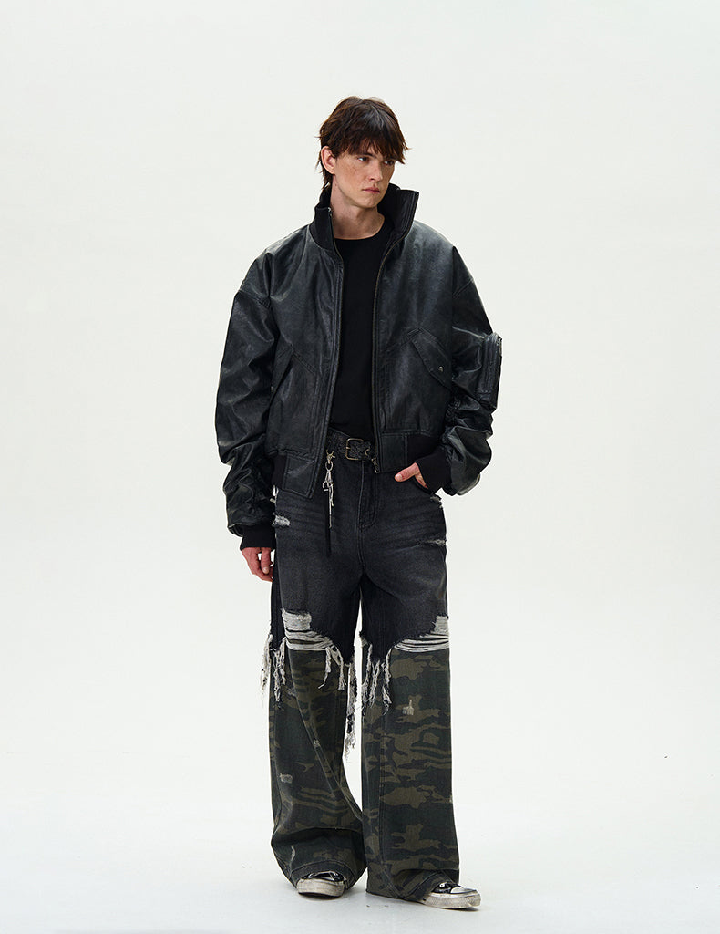 Washed Bomber PU Leather Jacket