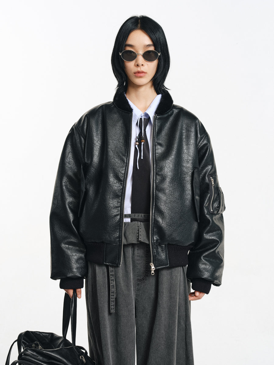 Stand collar faux leather jacket