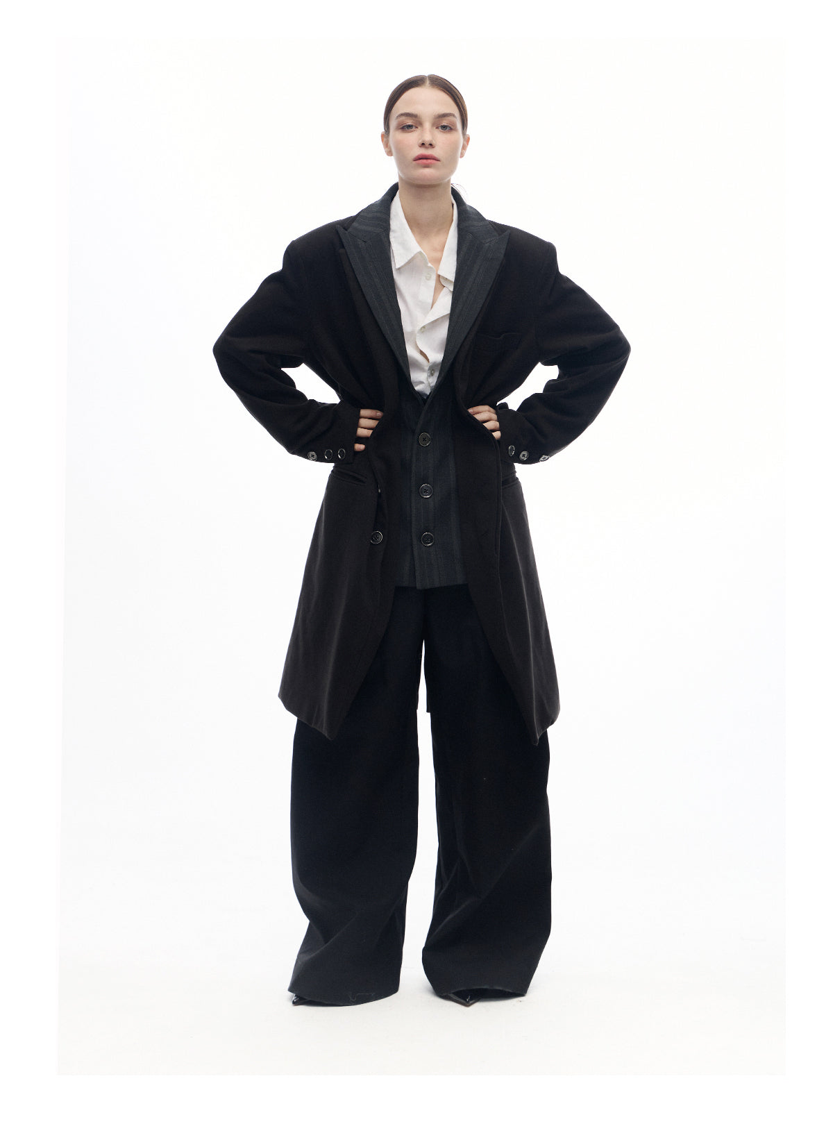 Double collar faux two-piece wool coat