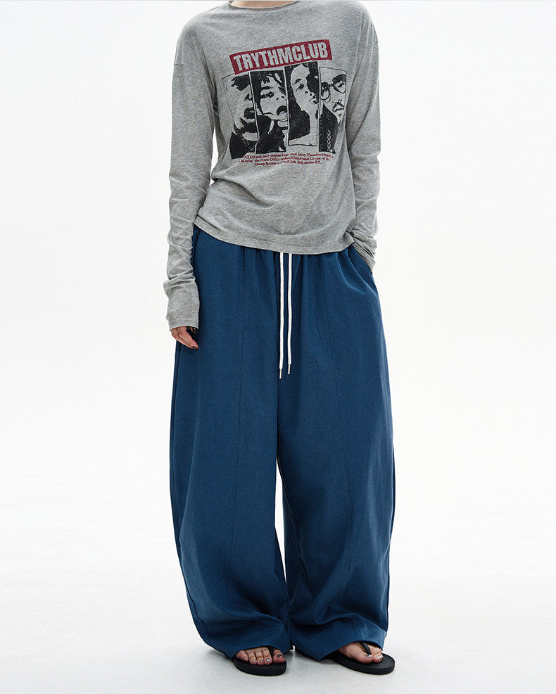 Drawstring Curved Wide-Leg Pants