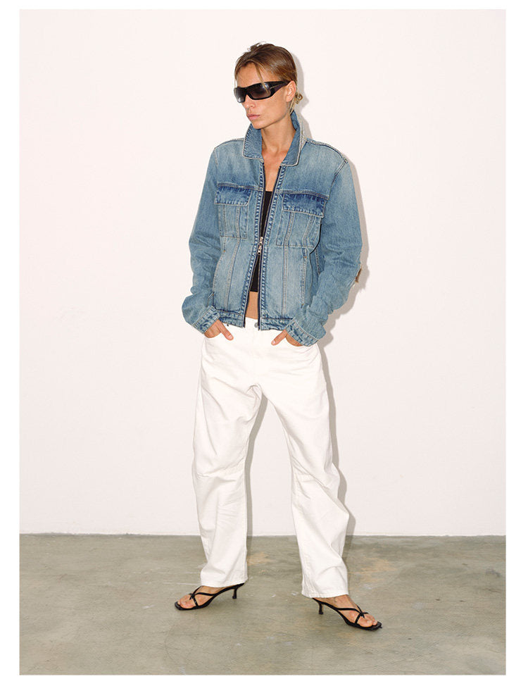 Patchwork Leather Double-Zip Denim Jacket