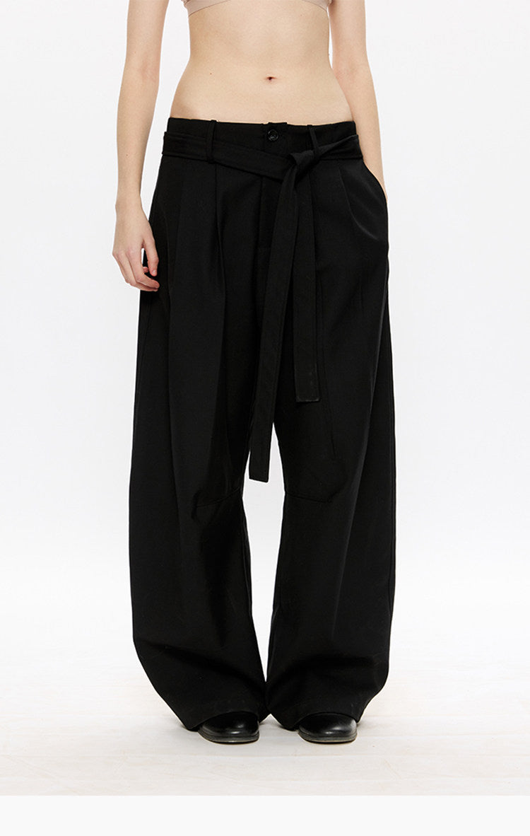 Pleated Adjustable Ribbon Wide-Leg Pants