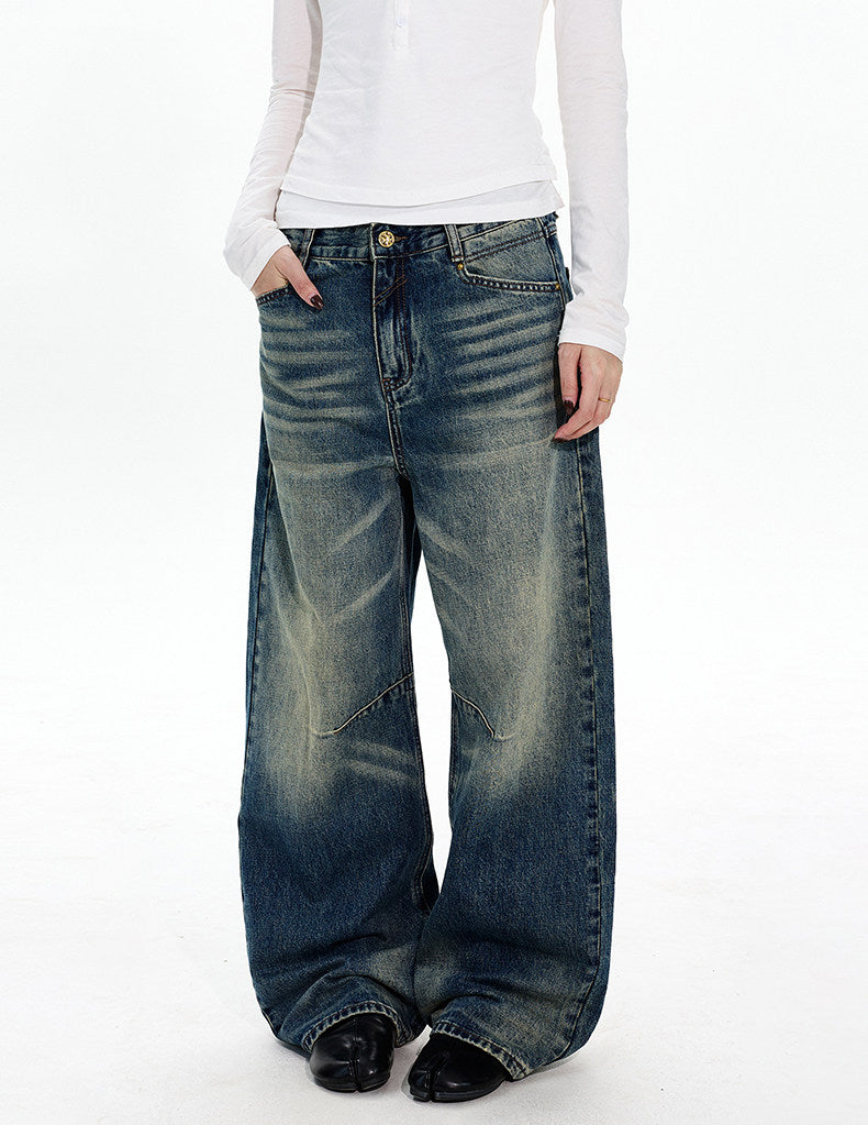 Deconstructed Washed Wide-Leg Jeans