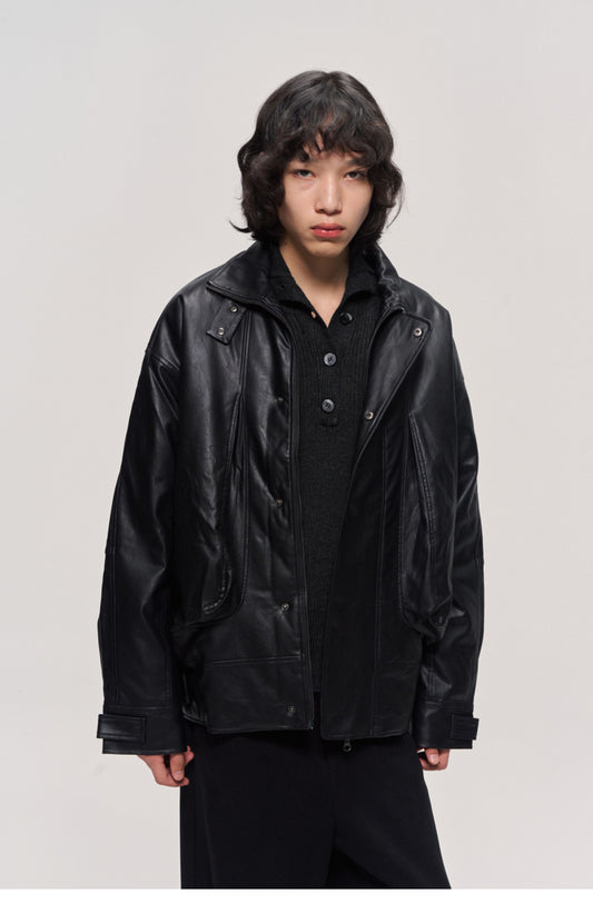 Damaged mid-length leather jacket