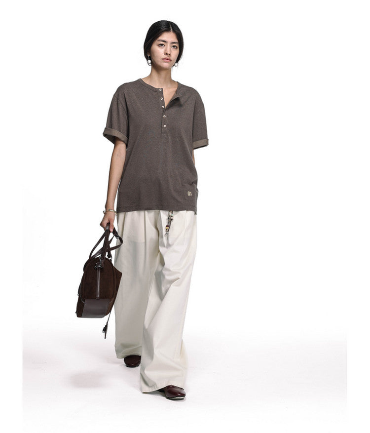 Letter-Embroidered Henley Collar T-Shirt