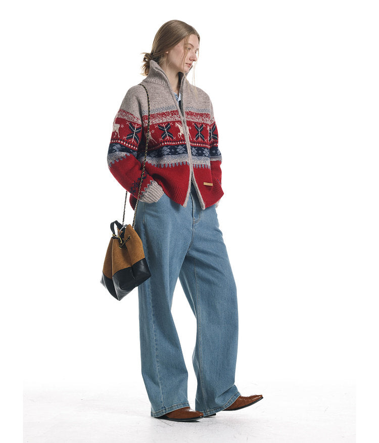 Wool-Blend Pony Jacquard Zip Cardigan