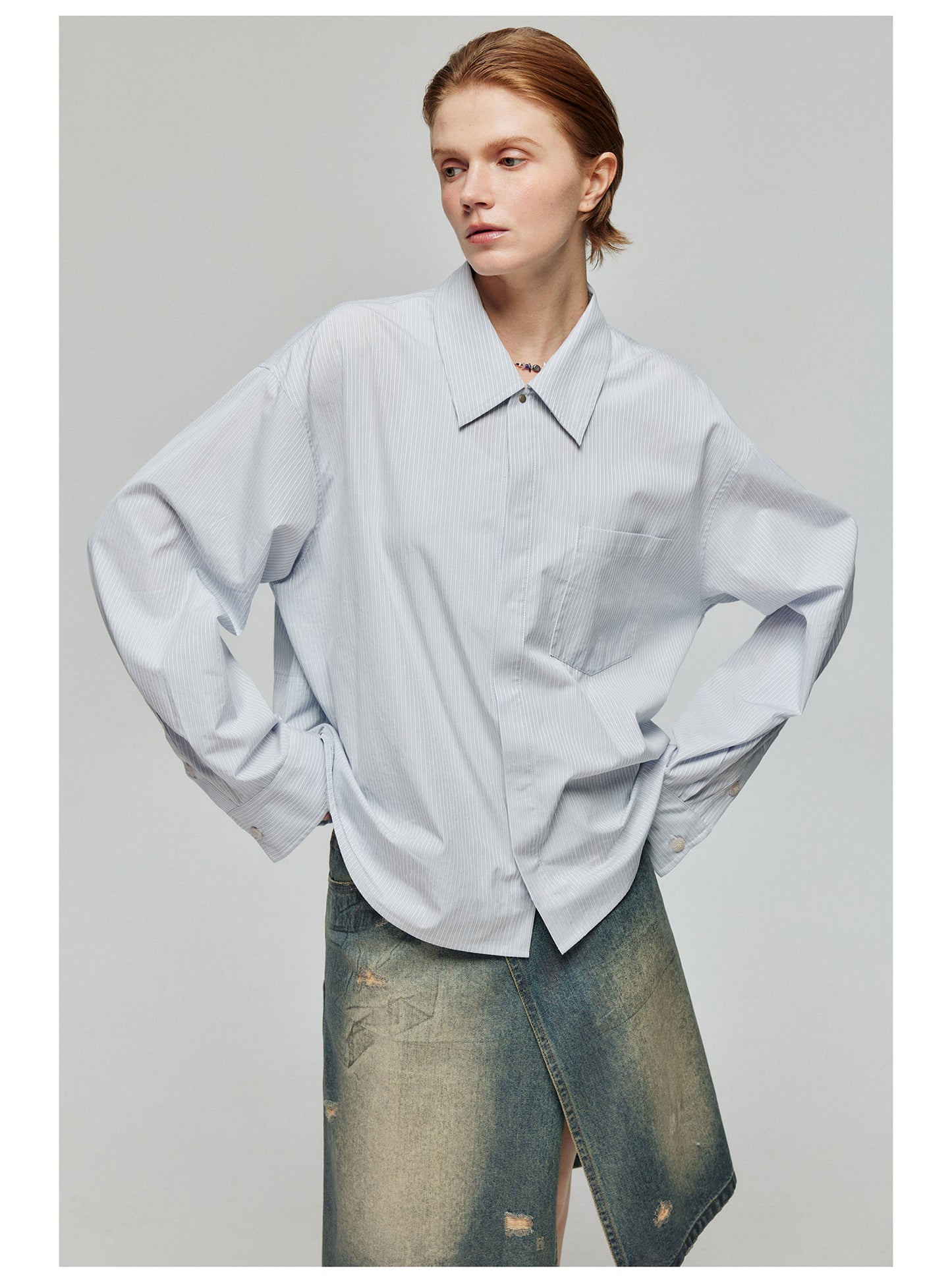 Wrinkled short loose lapel long sleeve shirt