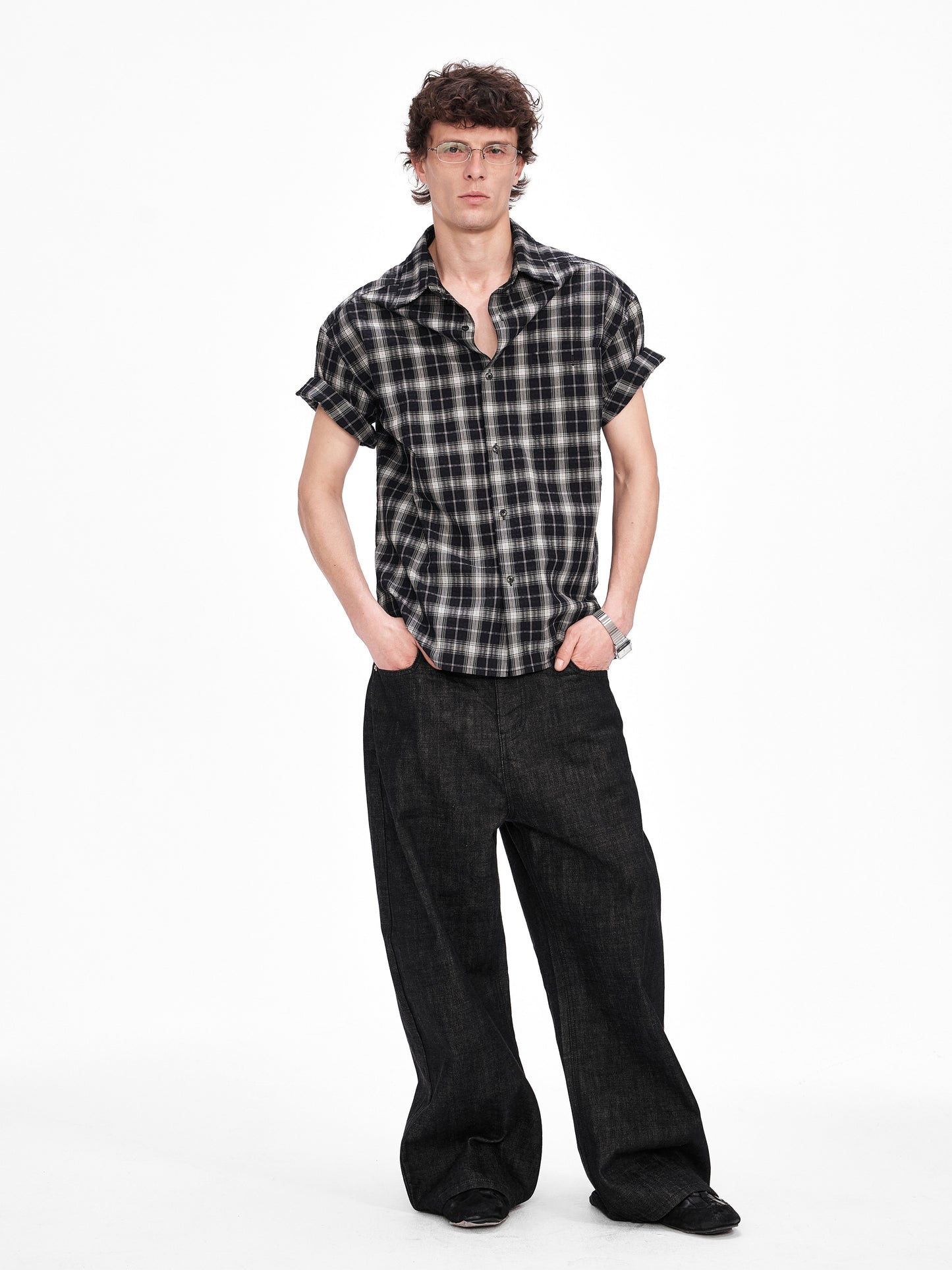 Checkered Shirt with Rolled-Up Sleeves